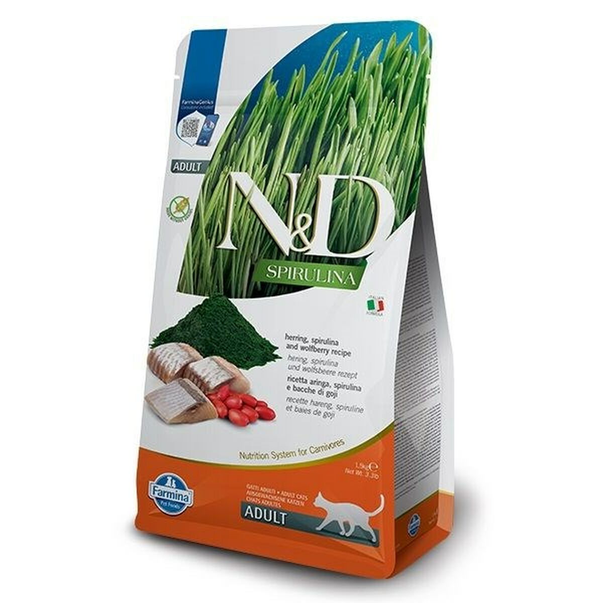 Aliments pour chat Farmina N&D Spirulina Herring Adulte Poisson Agneau 1,5 Kg Herbe à chat