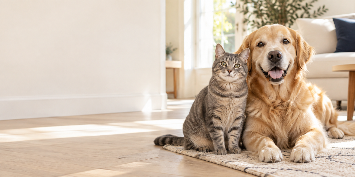 Un chat et un chien dans un intérieur lumineux, Compagnonova